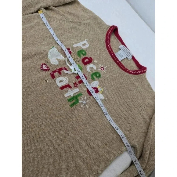 Peace on Earth Holiday knit sweater, sequins, beads, tan with red detail T5 - Picture 2 of 6